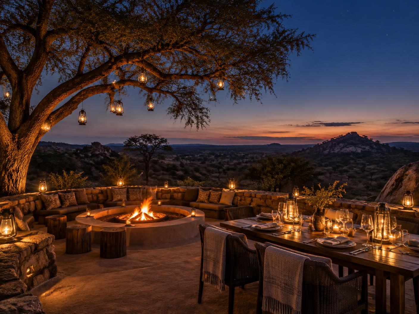 Firelit outdoor boma dining beneath an acacia tree