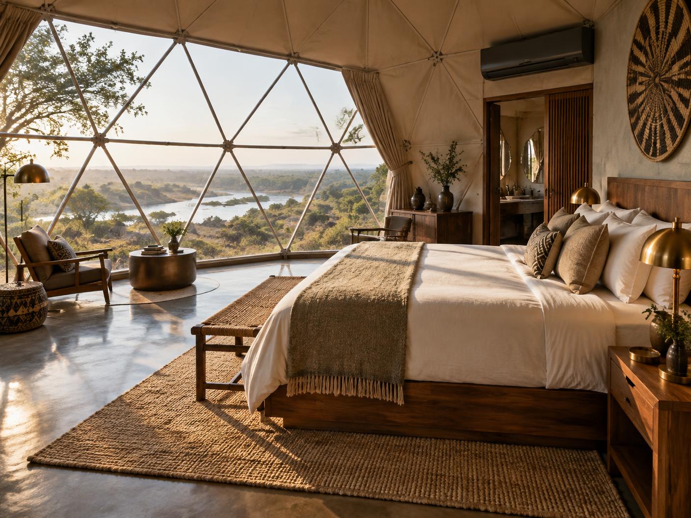 Elegant king bed inside a panoramic geodesic dome