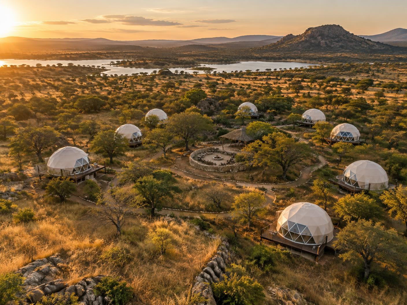 Ten geodesic domes set across the Zimbabwean bush